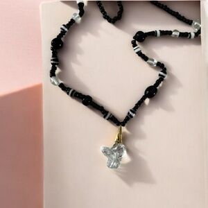 Glass cat pendant Black and White Beaded Necklace art glass artisan necklace